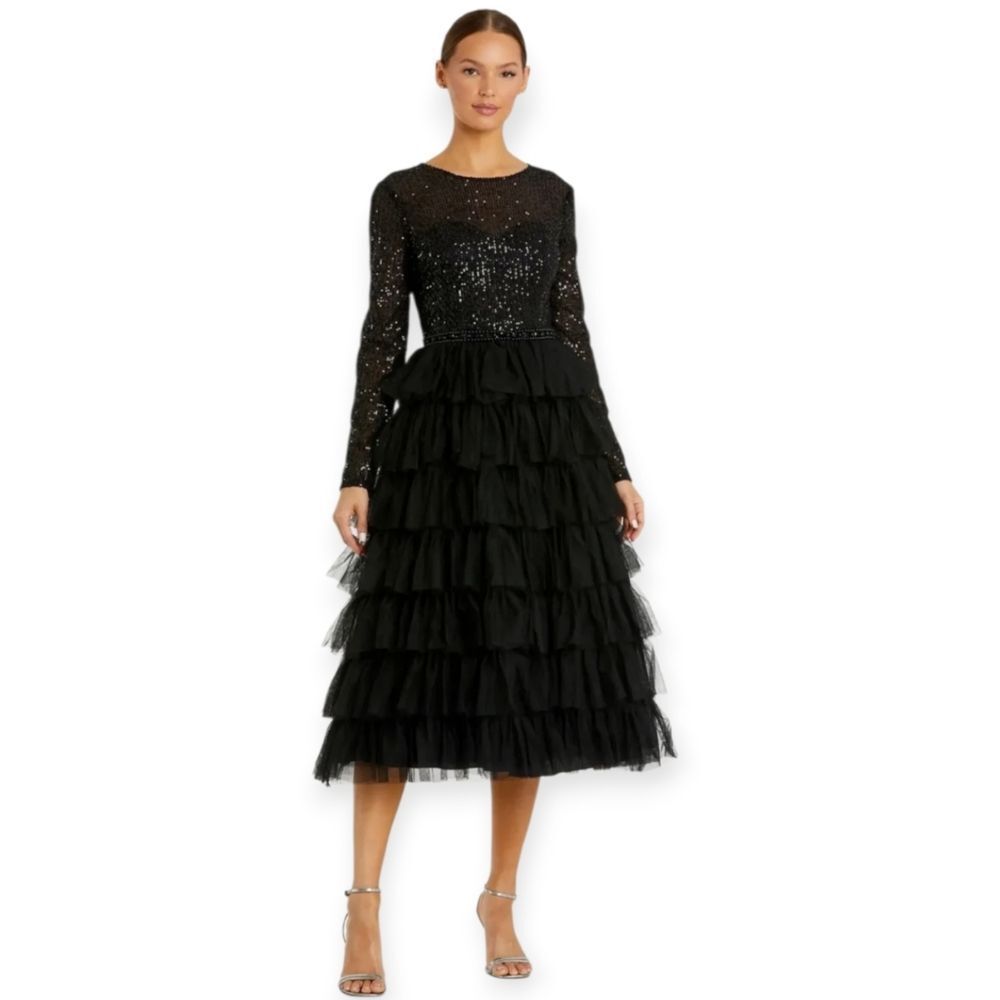 Ieena For Mac Duggal Black‎ Long Sleeve Ruffle Tiered Midi Dress